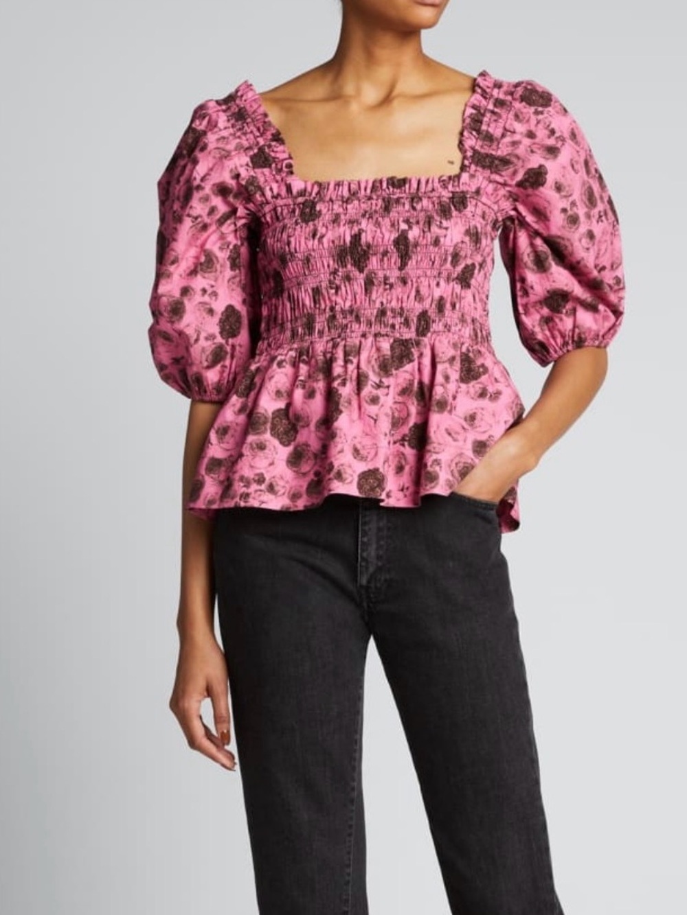 Ganni Poplin Pink Floral Smocked Peplum Blouse, Puff Sleeve, Size 34, US 2